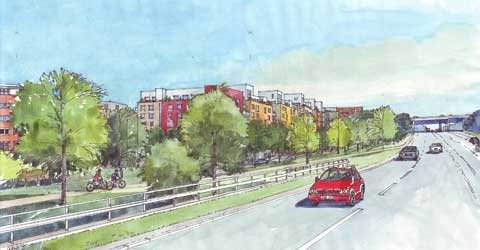 En tecknad vy över enn röd bil åkandes över en väg med bostäder i bakgrunden.