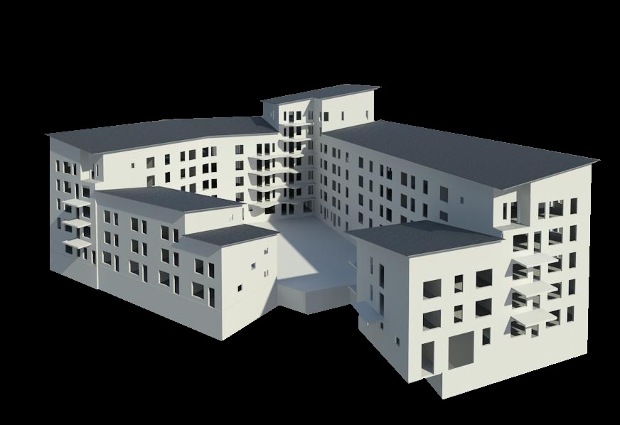 En datorgenererad ritning av ett grönt bostadshus mot en svart bakgrund