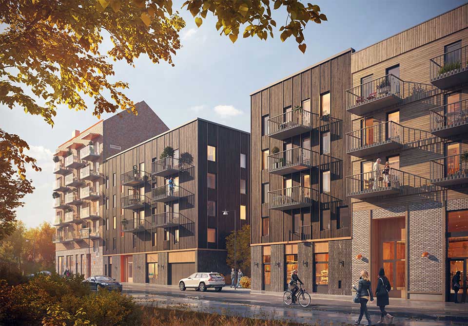 En illustration av ett modernt bostadsområde