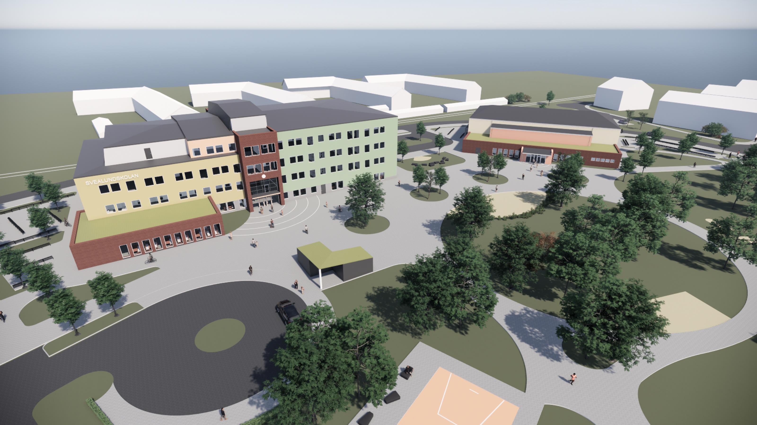 En 3D ritning på en skola med en massa männidskor som går åt olika håll, uppifrån. 