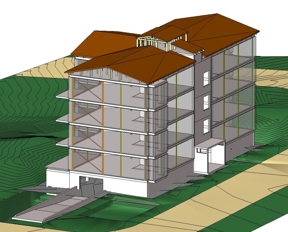 En illustration av ett flerbostadshus